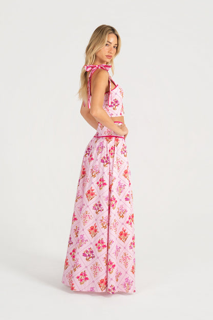 Everly Pink Floral Two Piece Set - Adjustable Tie Cropped Top & Maxi Skirt