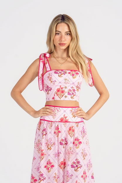 Everly Pink Floral Two Piece Set - Adjustable Tie Cropped Top & Maxi Skirt