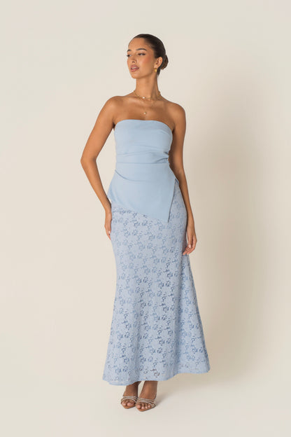 Genevieve Set - Strapless Asymmetrical Hem Top & Lace Midi Skirt