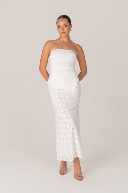 Genevieve Set - Strapless Asymmetrical Hem Top & Lace Midi Skirt