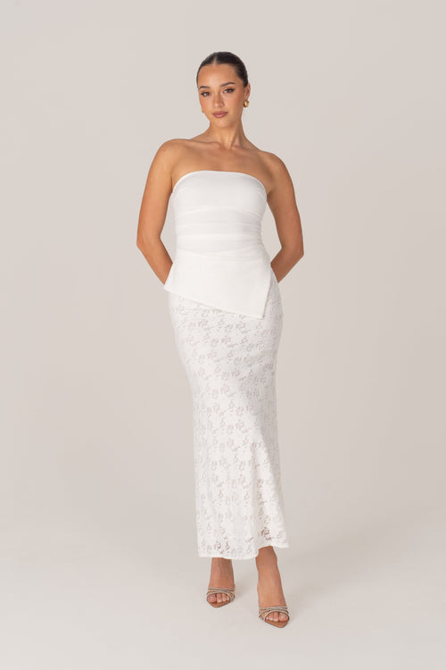 Genevieve Set - Strapless Asymmetrical Hem Top & Lace Midi Skirt