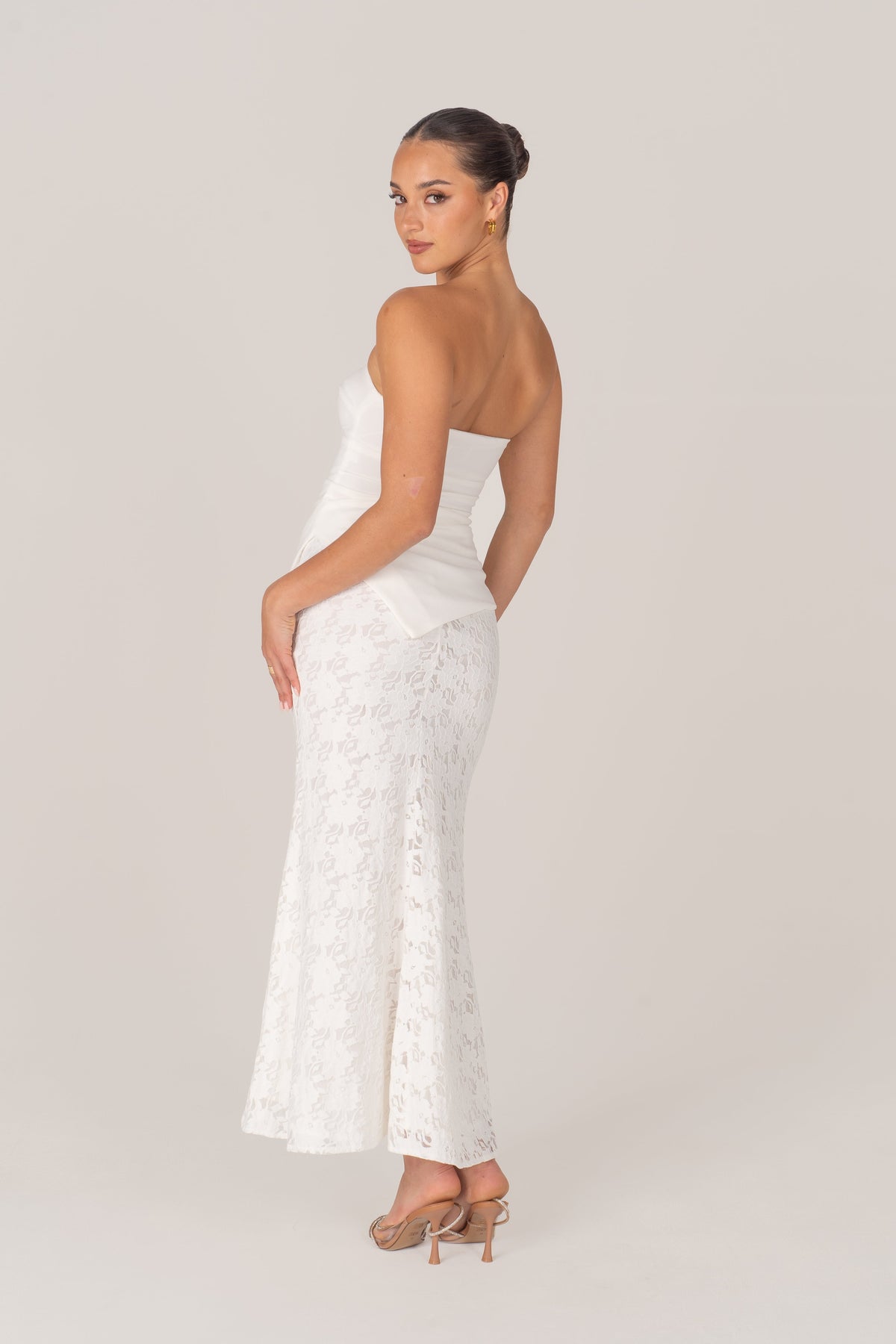 Genevieve Set - Strapless Asymmetrical Hem Top & Lace Midi Skirt