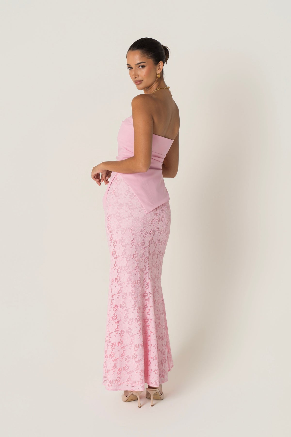 Genevieve Set - Strapless Asymmetrical Hem Top & Lace Midi Skirt