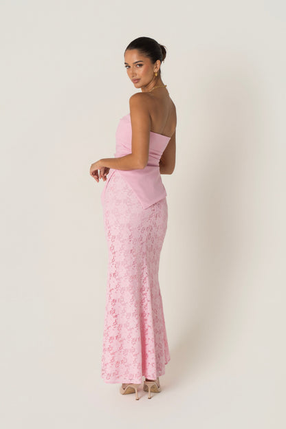 Genevieve Set - Strapless Asymmetrical Hem Top & Lace Midi Skirt