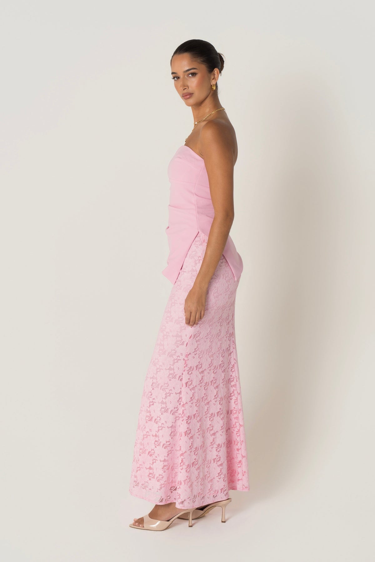 Genevieve Set - Strapless Asymmetrical Hem Top & Lace Midi Skirt