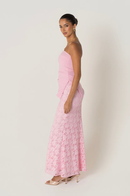 Genevieve Set - Strapless Asymmetrical Hem Top & Lace Midi Skirt