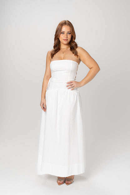 Gracelyn White Strapless Midi with Adjustable Cut-Out Ties