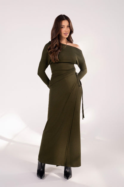 Indy Green Drop Shoulder Top & Wrap Maxi Skirt Set