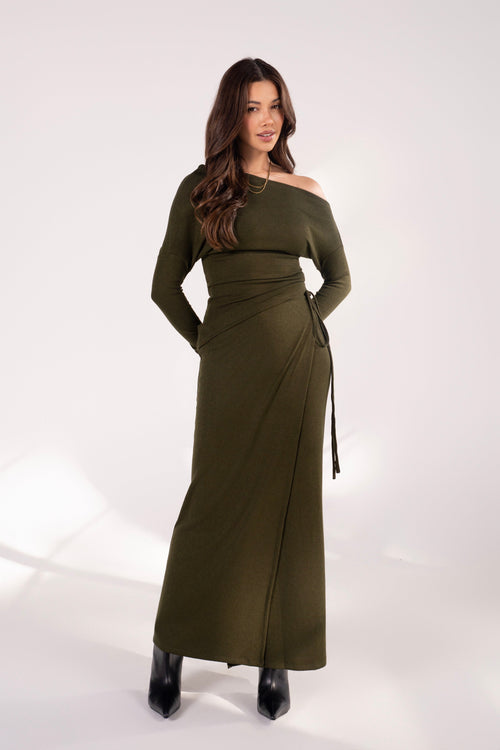 Indy Green Drop Shoulder Top & Wrap Maxi Skirt Set