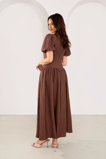 Isolde Chocolate Puff Sleeve Maxi Dress