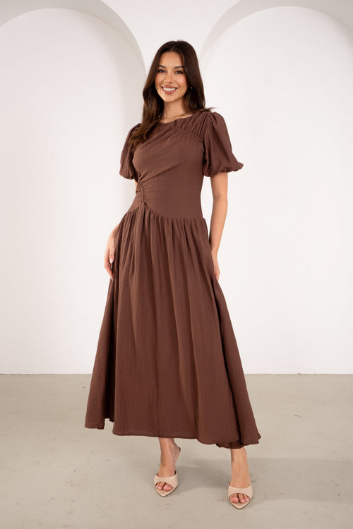 Isolde Chocolate Puff Sleeve Maxi Dress