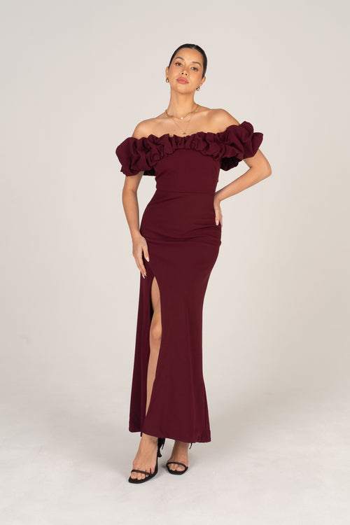 Jordan Wine Off-Shoulder Ruffle Cocktail Dress
