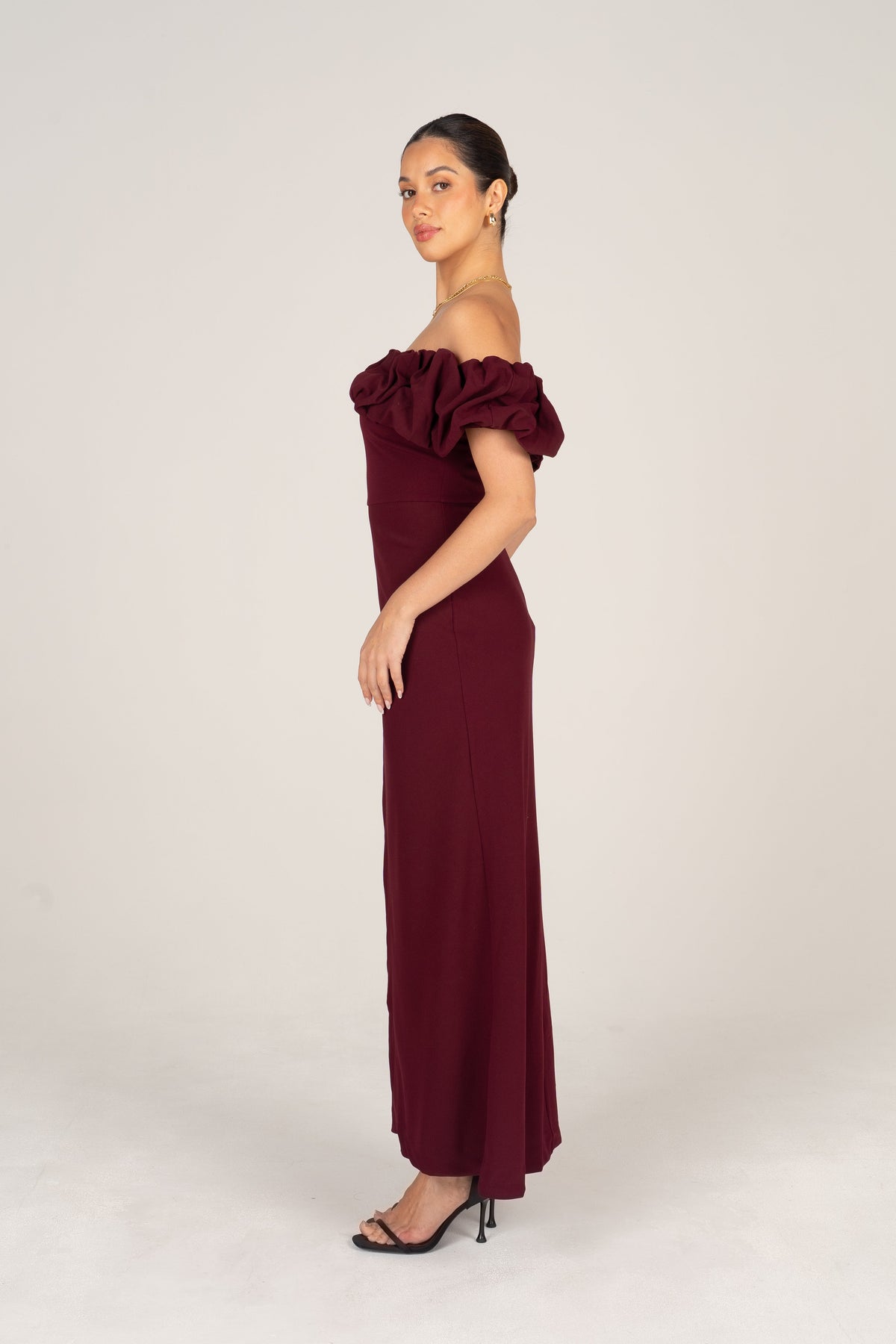 Jordan Wine Off-Shoulder Ruffle Cocktail Dress
