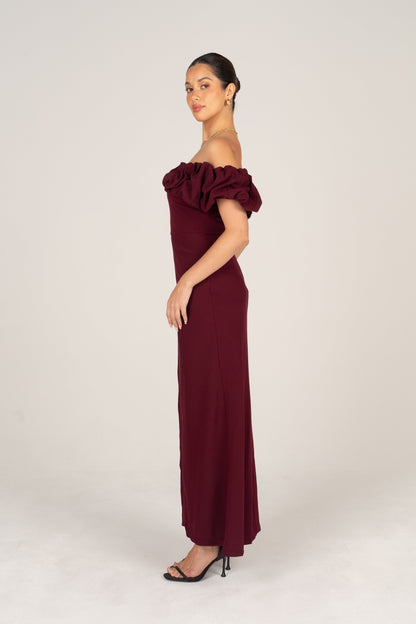 Jordan Wine Off-Shoulder Ruffle Cocktail Dress