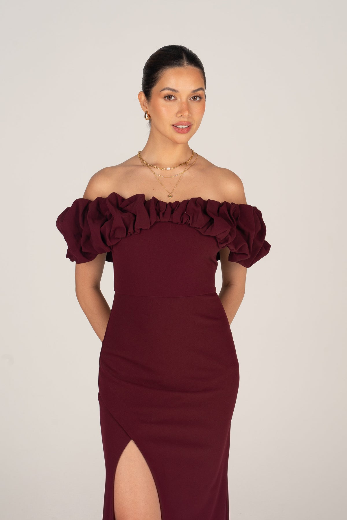 Jordan Wine Off-Shoulder Ruffle Cocktail Dress