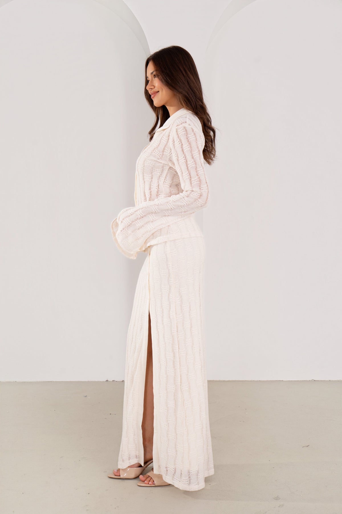 Josette Cream Knit Long Sleeve Button Down Top & Buttoned Maxi Skirt Set