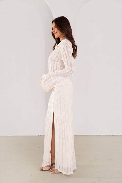 Josette Cream Knit Long Sleeve Button Down Top & Buttoned Maxi Skirt Set