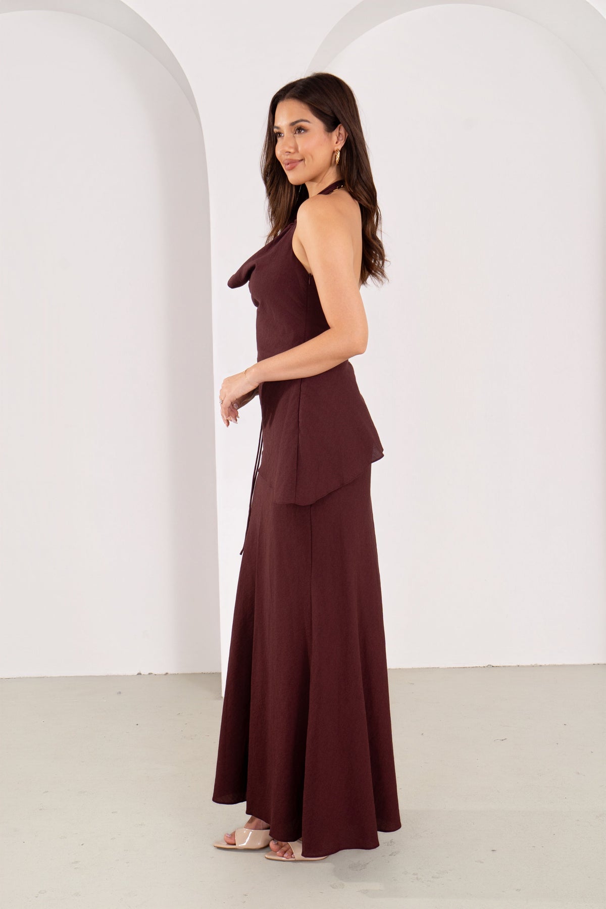 Kasmira Wine Halter Top with Tie & Maxi Skirt Set