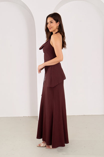 Kasmira Wine Halter Top with Tie & Maxi Skirt Set
