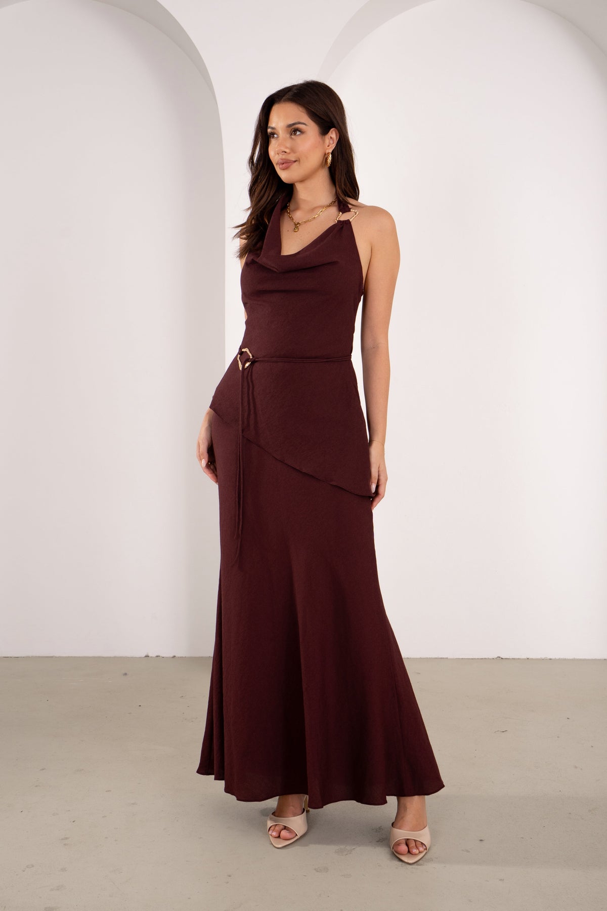Kasmira Wine Halter Top with Tie & Maxi Skirt Set
