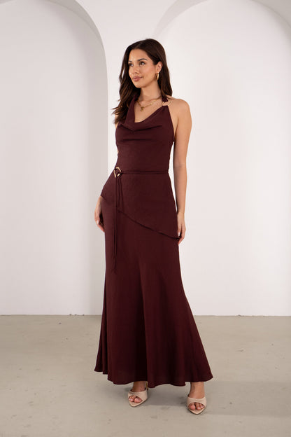 Kasmira Wine Halter Top with Tie & Maxi Skirt Set