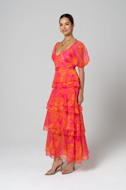 Mariposa Pink Tiered Maxi Dress with Detachable Belt