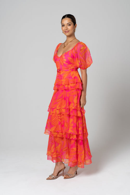 Mariposa Pink Tiered Maxi Dress with Detachable Belt