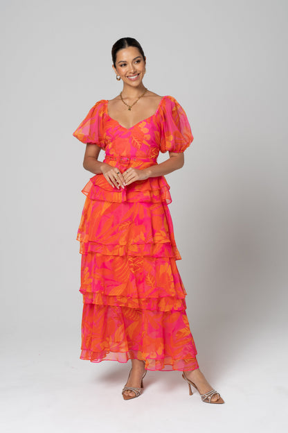 Mariposa Pink Tiered Maxi Dress with Detachable Belt