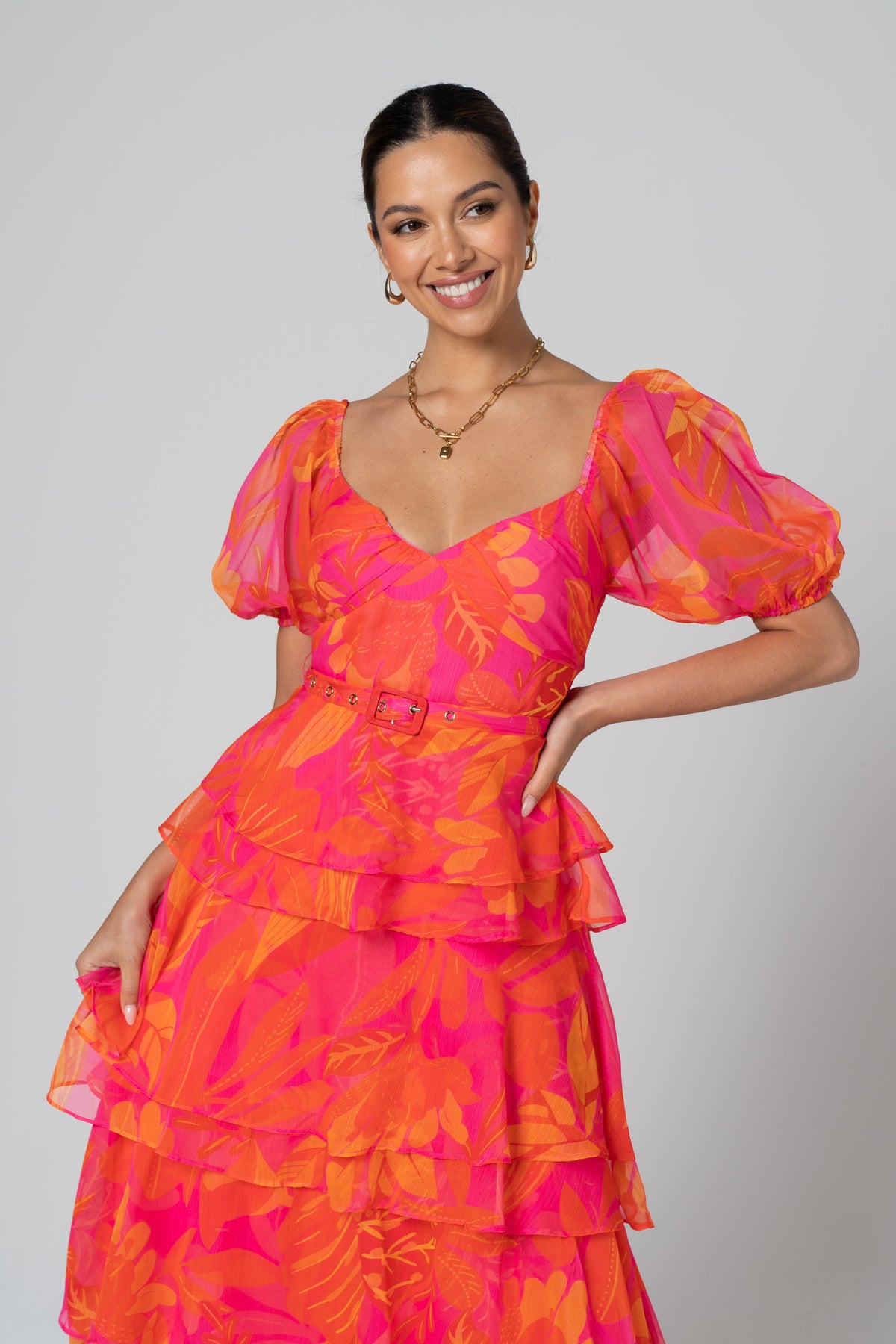 Mariposa Pink Tiered Maxi Dress with Detachable Belt
