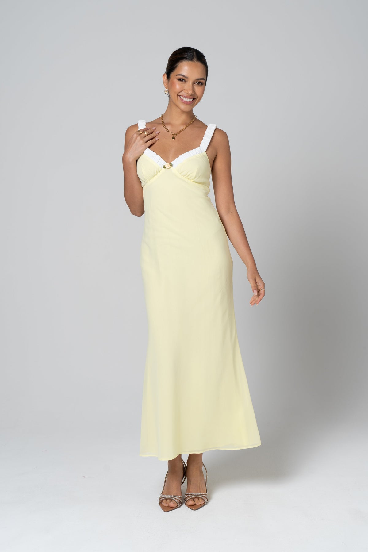 Marissa Romantic Yellow Maxi with Floral Detail