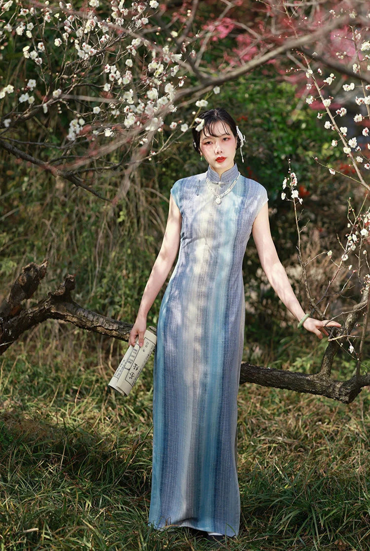 Susie Q 苏西Q 1930s Ombré Stripe Spring Summer Cap Sleeve Qipao