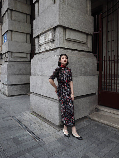Gatsby 盖茨比 1920s Sheer Velvet Bottle Neck Qipao
