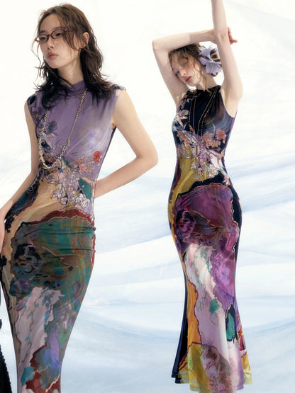 Li Meng 李梦 Plum Dream New Chinese Style Tricolor Print Sleeveless Qipao