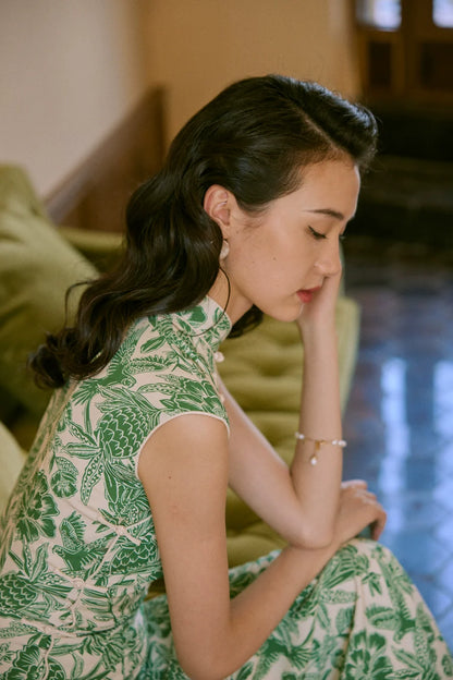 Nan Yang 南洋 Southern Borders 1950s Jungle Print Cap Sleeve Daily Qipao