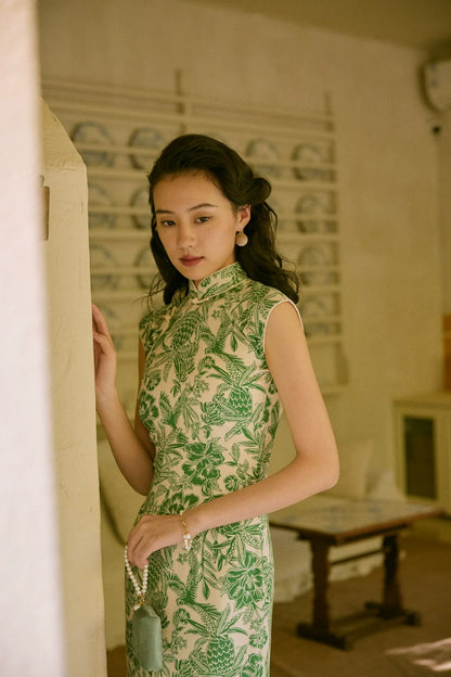 Nan Yang 南洋 Southern Borders 1950s Jungle Print Cap Sleeve Daily Qipao