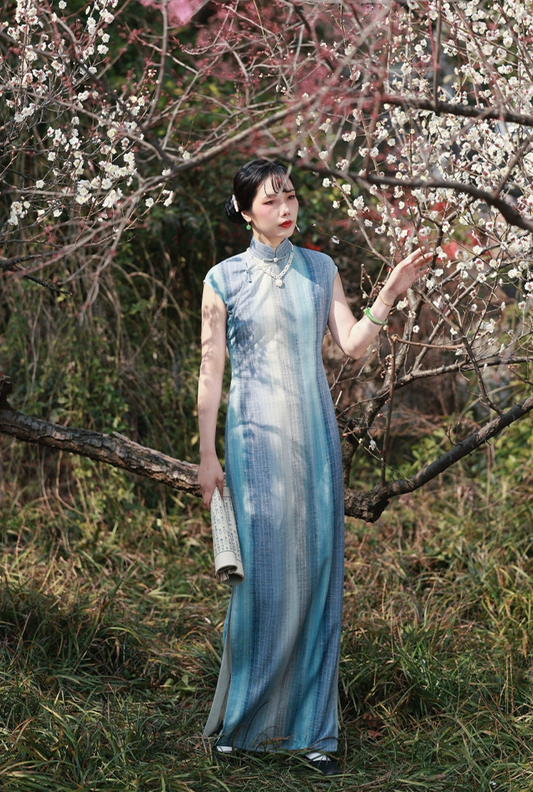 Susie Q 苏西Q 1930s Ombré Stripe Spring Summer Cap Sleeve Qipao