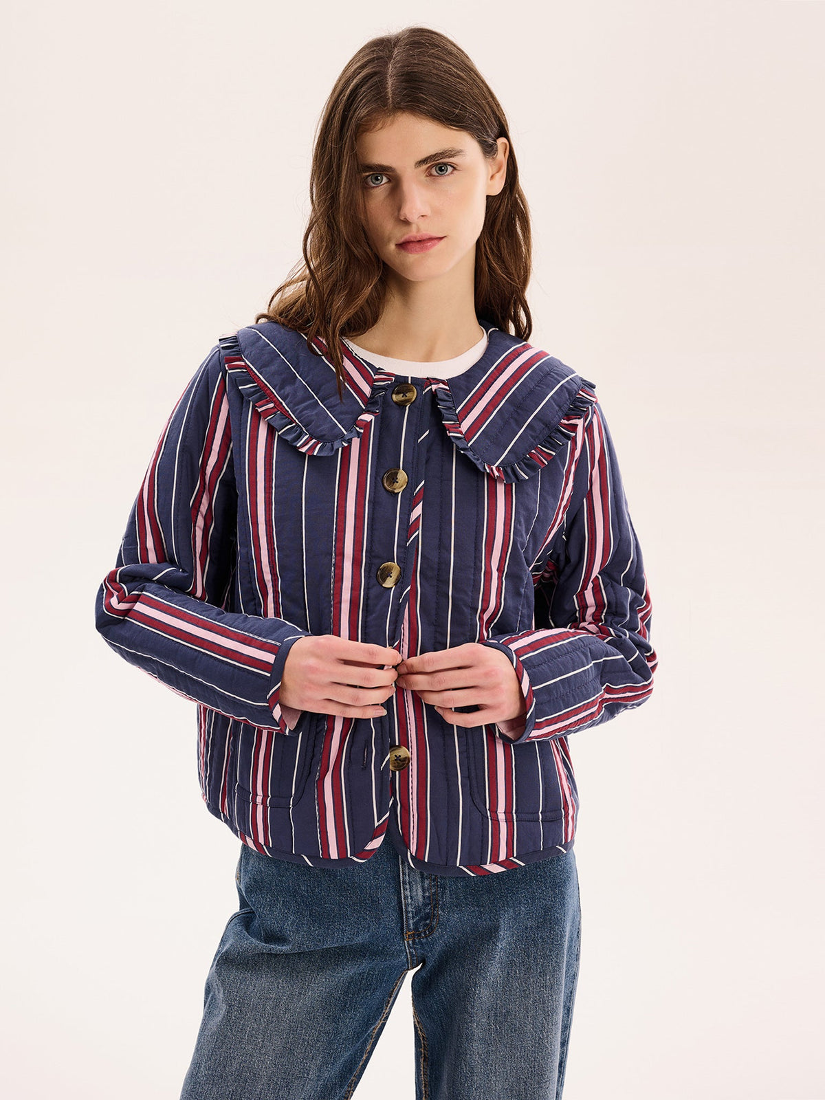 Peggy Quilted Jacket in Navy Stripe