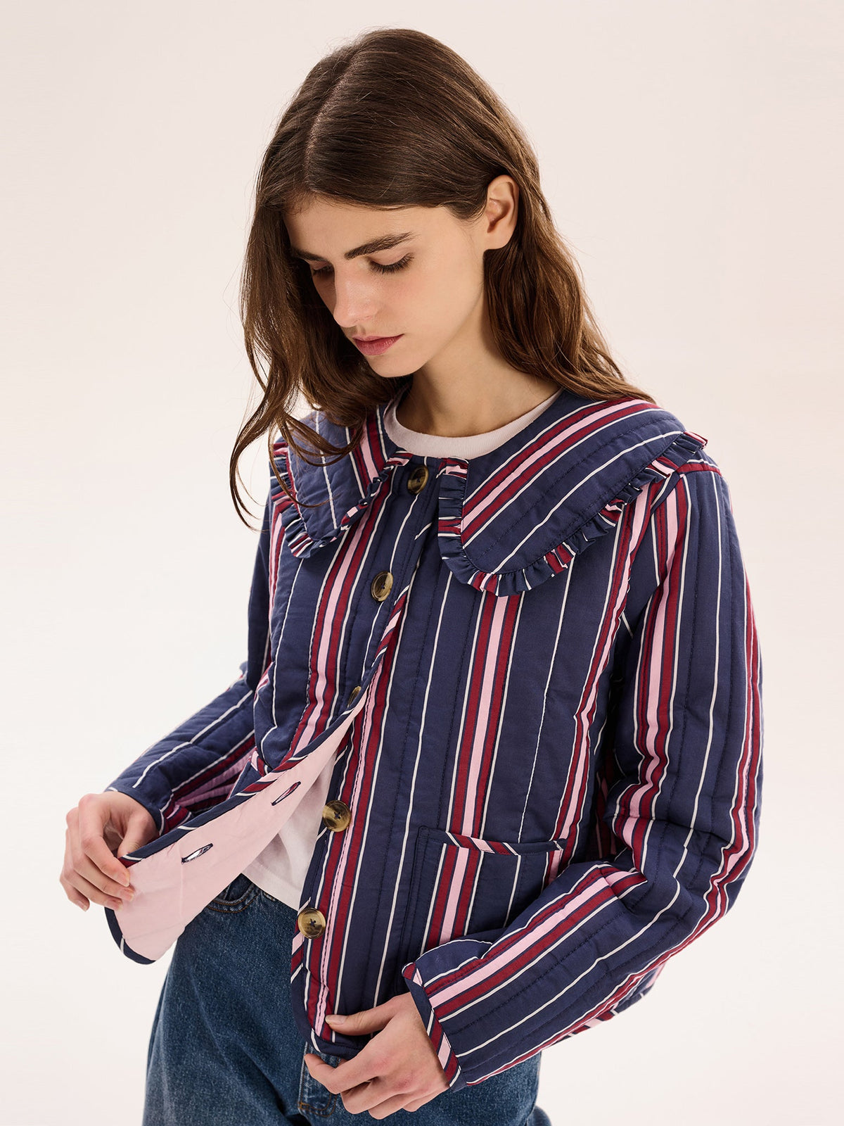 Peggy Quilted Jacket in Navy Stripe