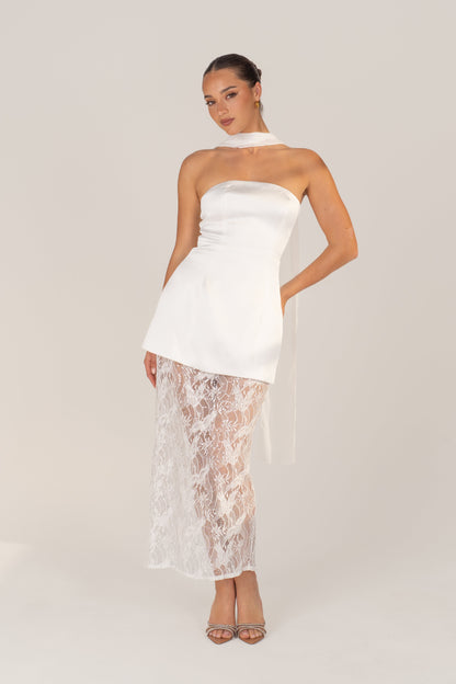 Quinn White Gown with Lace Hem & Detachable Scarf
