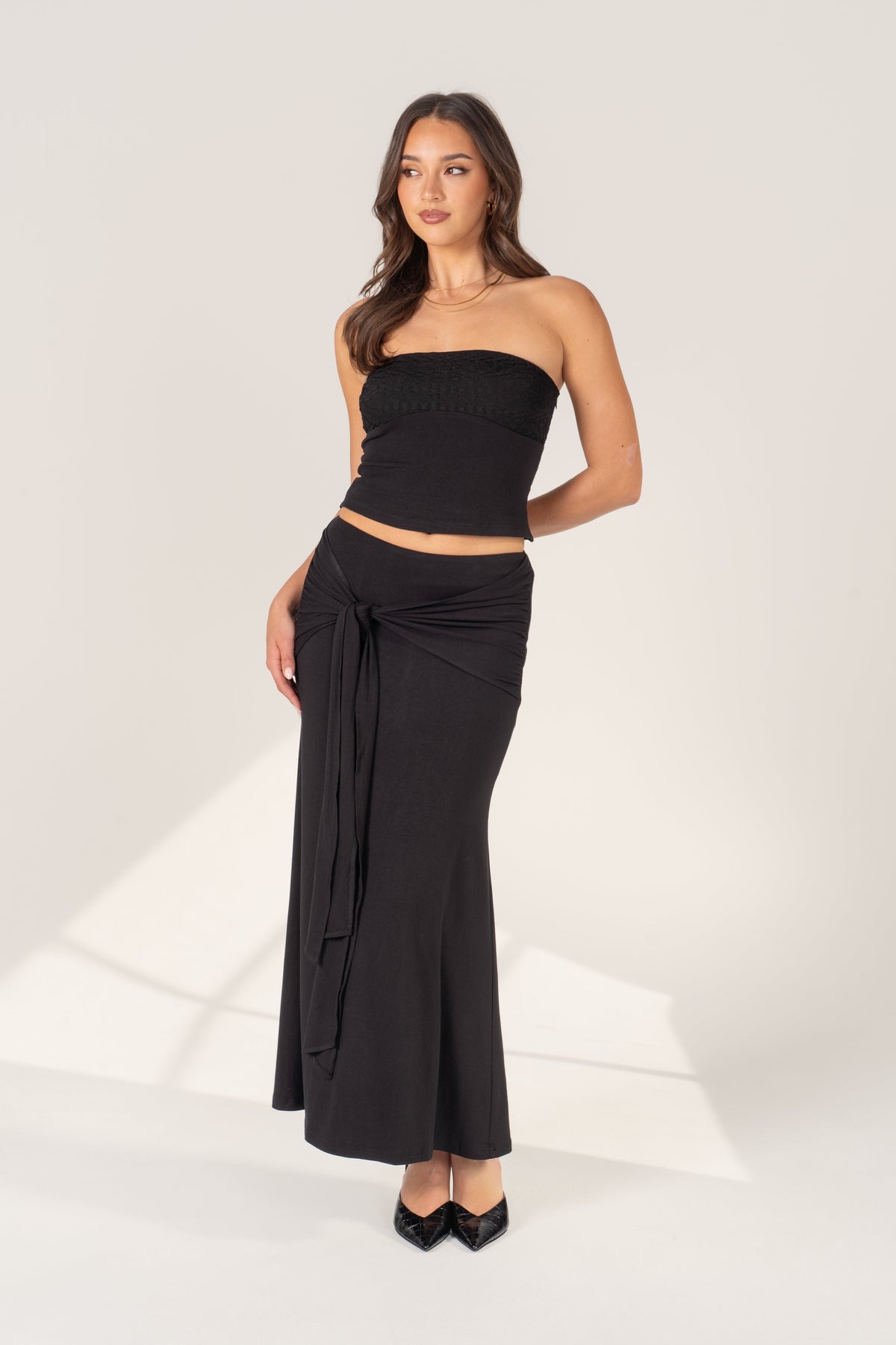 Uma Black Two Piece Set - Strapless Top & Adjustable Tie Maxi Skirt