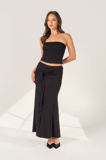 Uma Black Two Piece Set - Strapless Top & Adjustable Tie Maxi Skirt