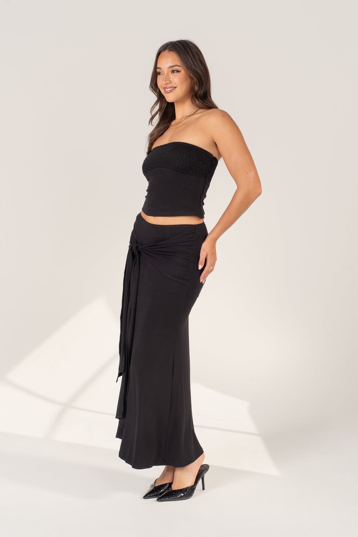 Uma Black Two Piece Set - Strapless Top & Adjustable Tie Maxi Skirt