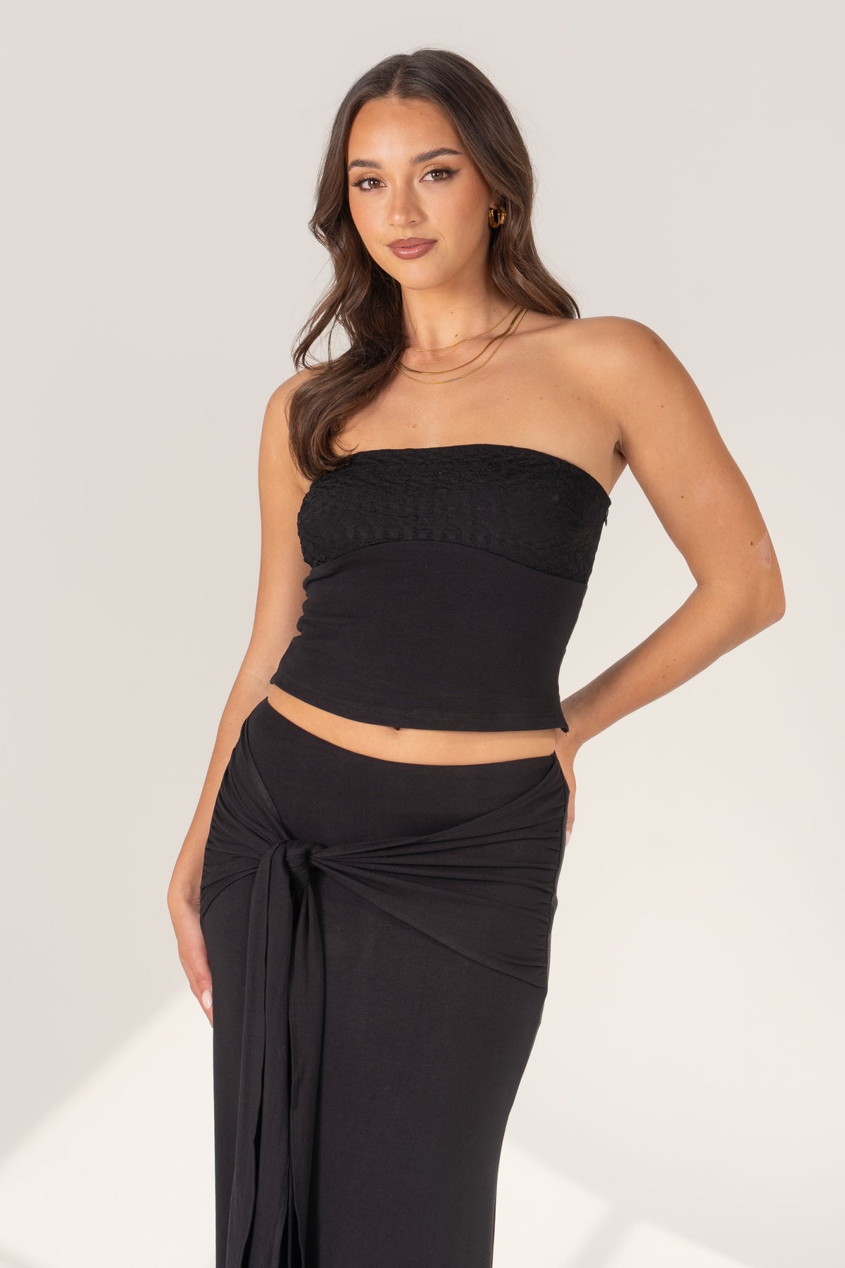 Uma Black Two Piece Set - Strapless Top & Adjustable Tie Maxi Skirt