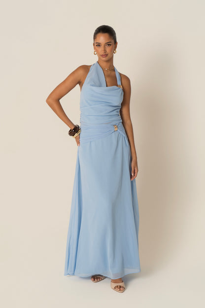 Xander Blue Halter Neck Top & Maxi Skirt Set