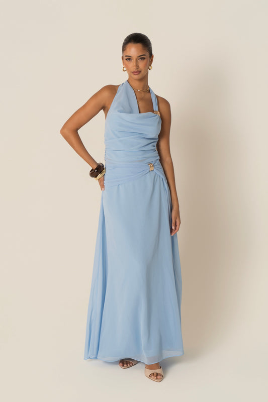 Xander Blue Halter Neck Top & Maxi Skirt Set
