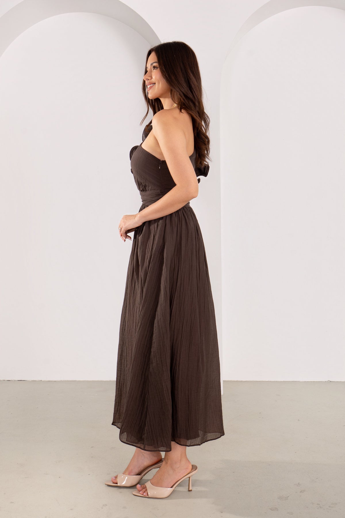 Zara One-Shoulder Ruffle Midi Dress