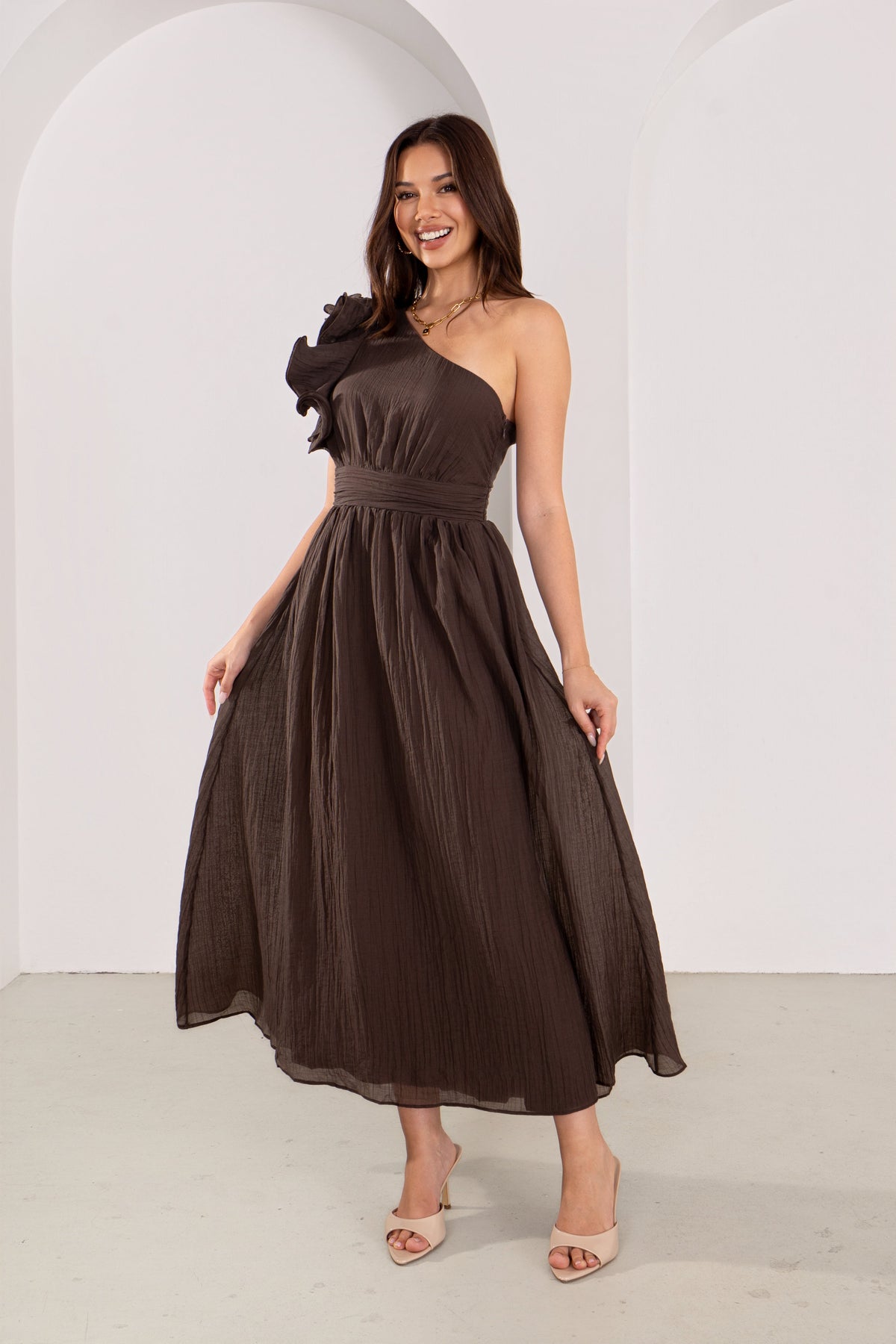 Zara One-Shoulder Ruffle Midi Dress