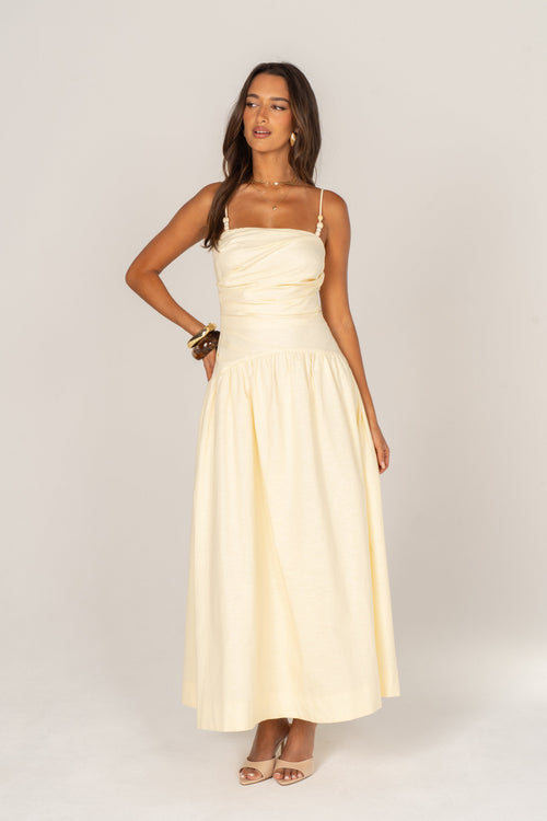 Zelia Soft Yellow Maxi Dress with Beaded Straps