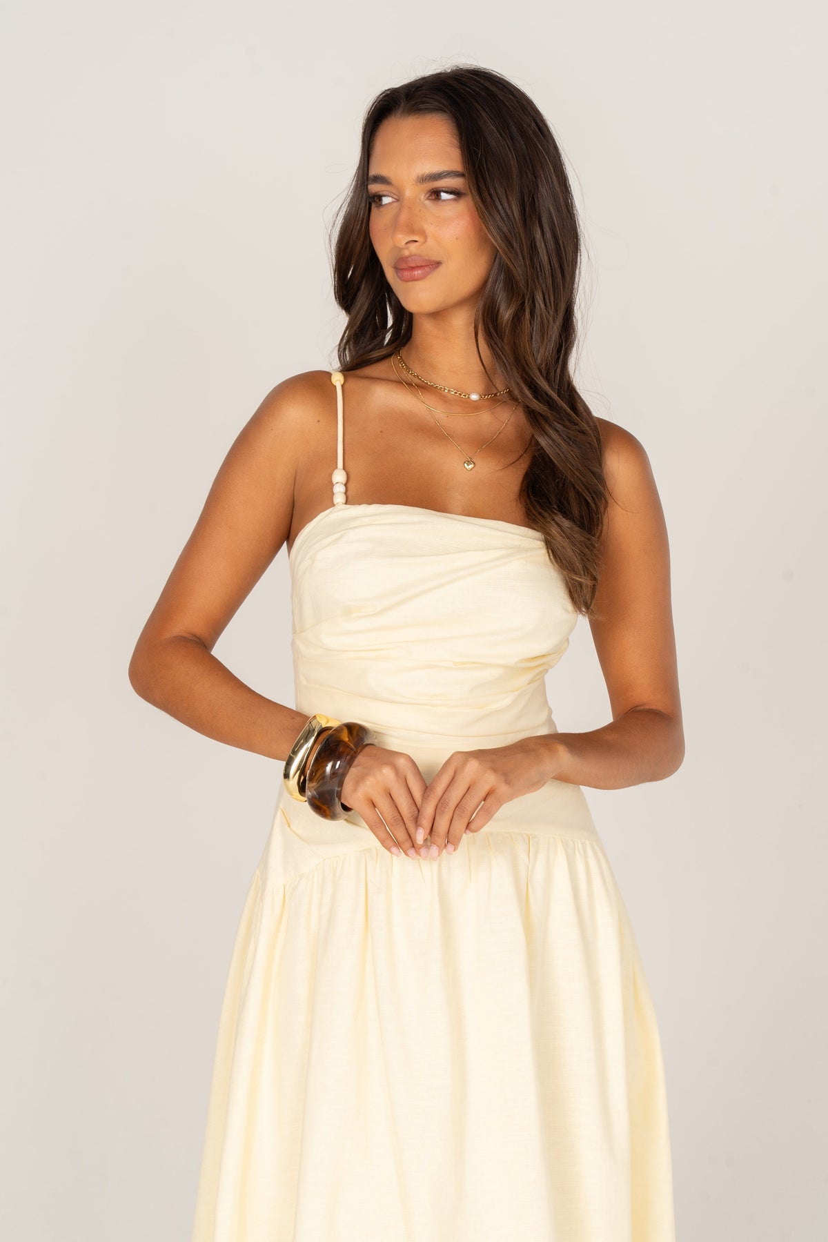 Zelia Soft Yellow Maxi Dress with Beaded Straps