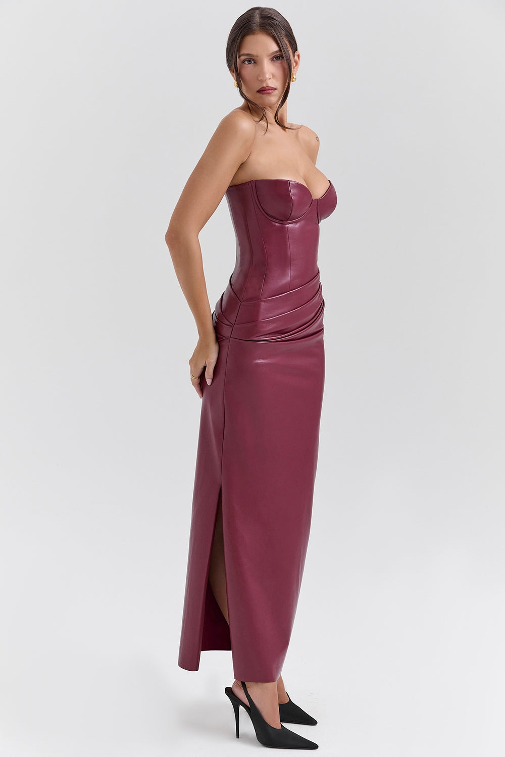 cabernet vegan leather midi dress